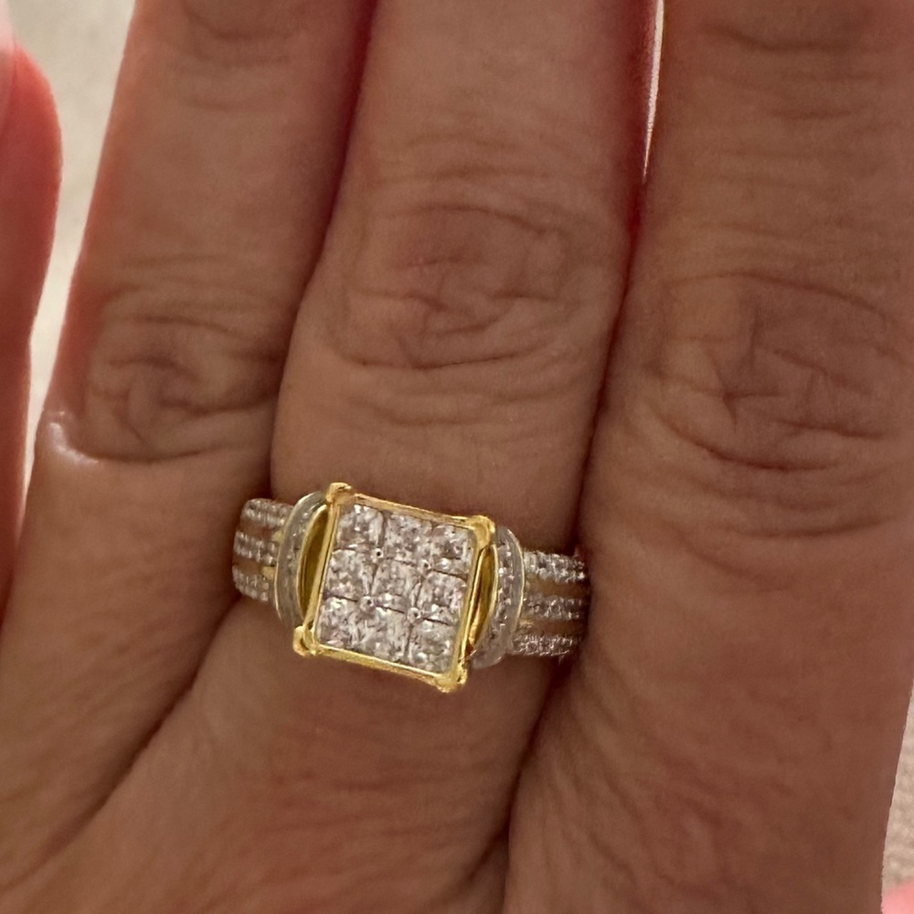 Square cluster diamond engagement ring with channel set stones